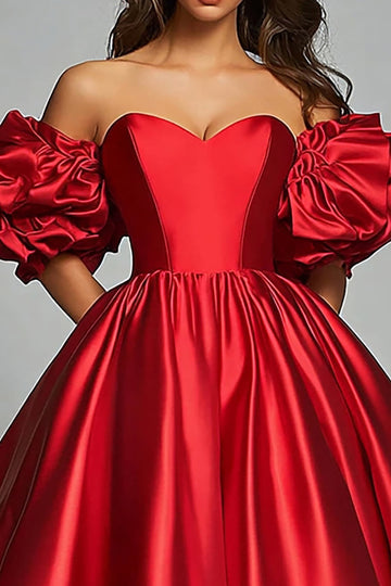 Rød Off The Shoulder En linje Satin Flæser Gallakjole